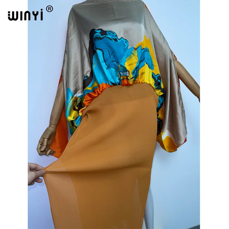 WINYI 2022 Europe Print color blocking caftan For Women Pleated Dress Design Loose Dress Maxi Long Femme Party Elegant Dress