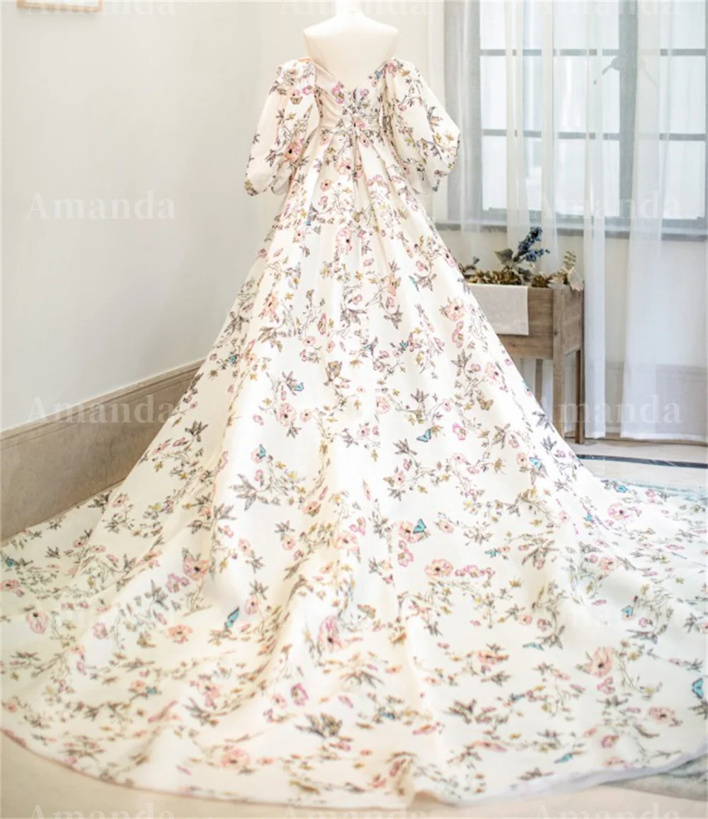 Amanda-Robe de soirée à manches bouffantes, robe de Rh, robe de princesse, ligne A, peinture de fleurs, queue de balayage, 2023