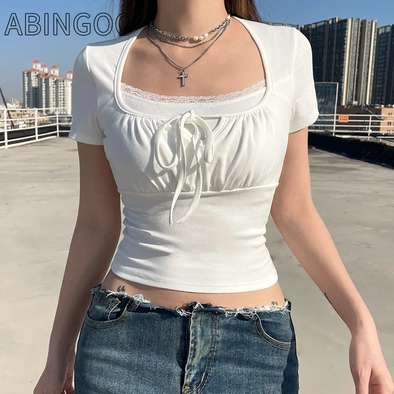 

ABINGOO White Fake Two-piece Lace Patchwork Short Sleeve T Shirt Women Casual Vintage Stitched Crop Top Summer y2k Aesthetic Tee