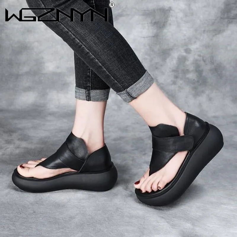 NEW Designer Women Sandals Round Toe Leather Platform Wedges 2024 Summer High Heel Shoes Full Genuine Leather Black Casual Shoe