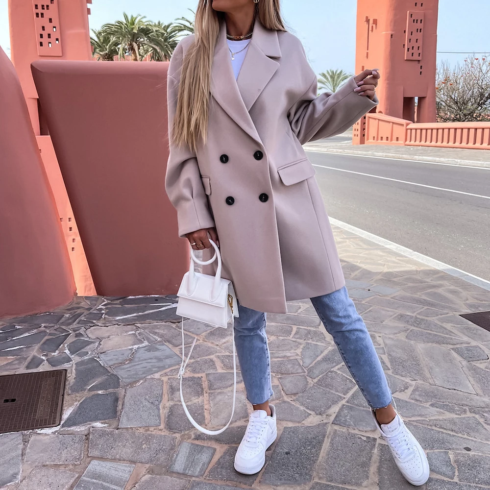 

Mia Muse Boutique Women's Coats Autumn Winter Comfortable Plain Double Breasted Button Front Long Sleeve Lapel Casual Long Coats
