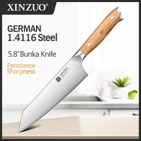 XINZUO 5.8 Inches Kitchen Knife Bunka Knife German 1.4116 Steel Slicing Knife Household Kitchen Knife Premium Olive Wood Handle