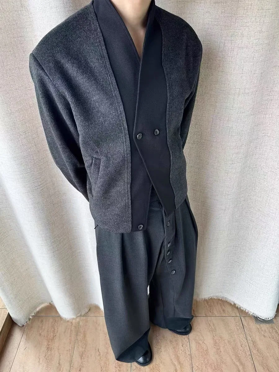 

Double-Buled Open-irt Men's Coat with Frayed s And Irregular Design for Autumn And Winter Trendy Wide-Jaet