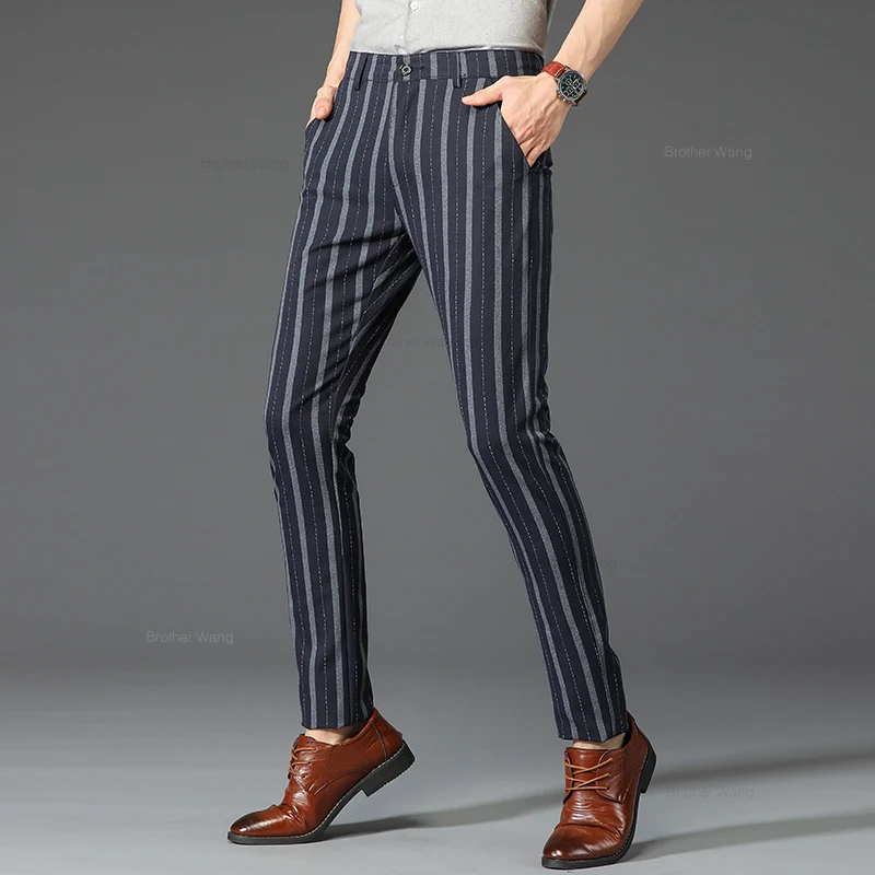 Brand Men\'s Striped Casual Pants Spring Comfortable Elastic Business Slim Straight British Fashion Trousers Black Khaki Wine Red