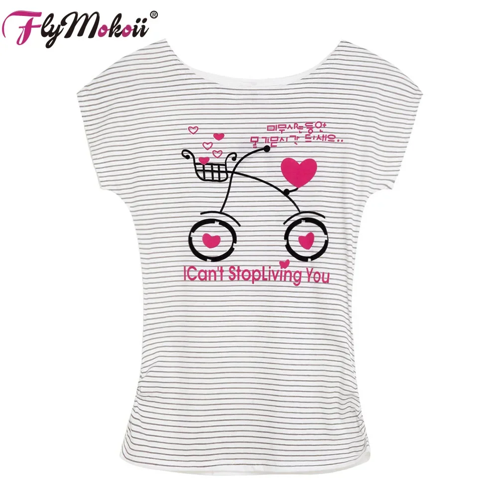 

Summer Women Short Sleeve T Shirts White O-neck Tee Tops Casual Stripped Cotton T Shirt