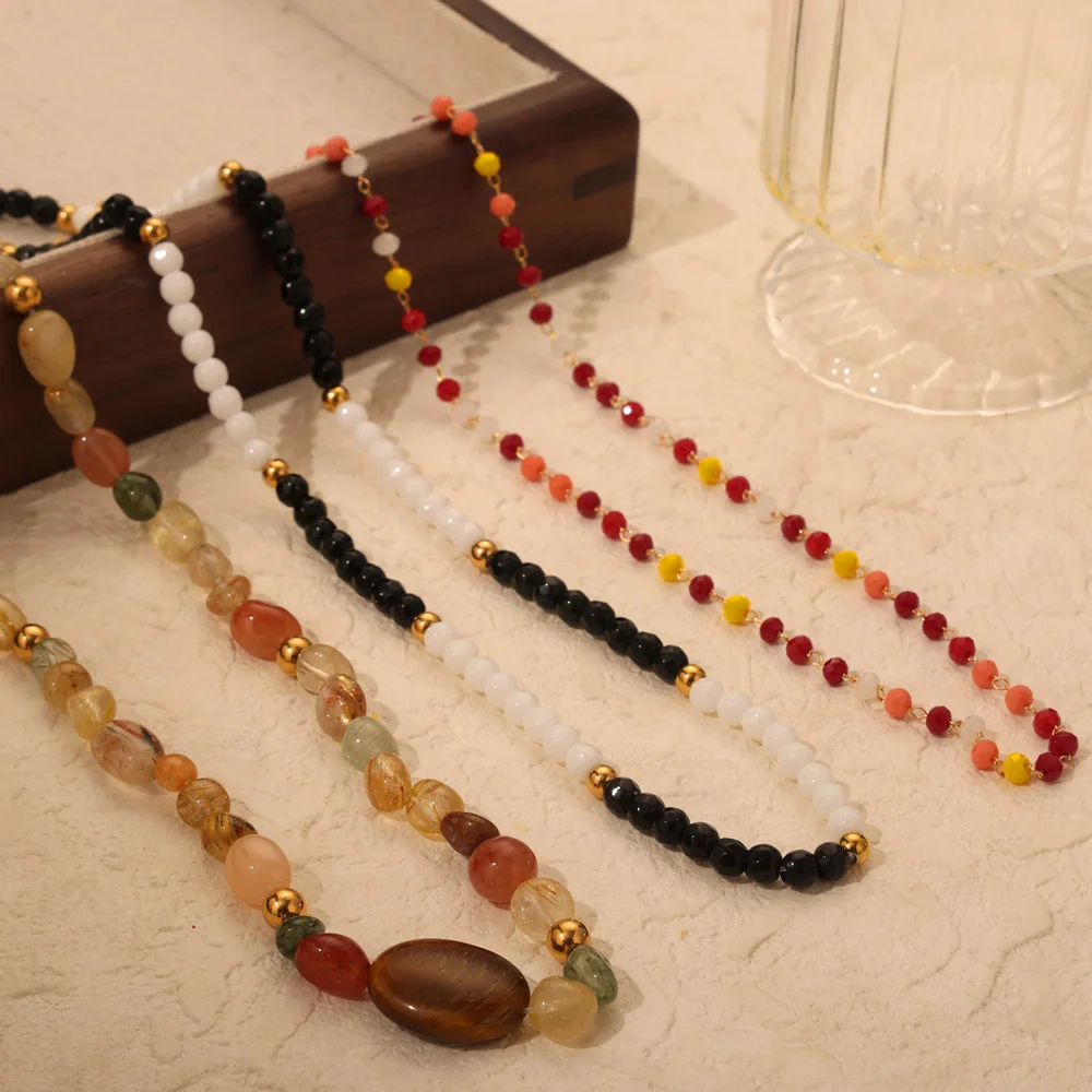 Nivora Natural Stone Beads Chain Necklace For Women Stainless Steel Tiger's Eye Stone Colorful Agate Women Neck Choker Jewelry