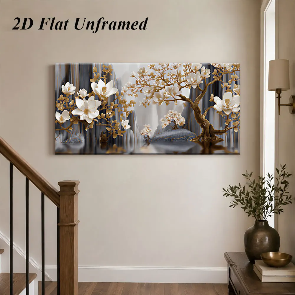 (1PC Unframe)1 modern Chinese frameless decorative painting, golden magnolia tree, landscape reflection, living room entrance,