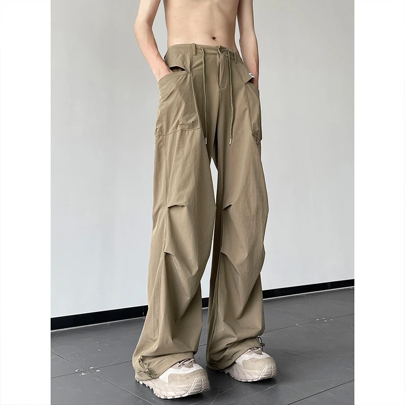 

Ice Silk Paratrooper Pants Men's Summer Thin Nylon Coffee Color Quick Dry Straight Leg Function Workwear Wide Leg Pants