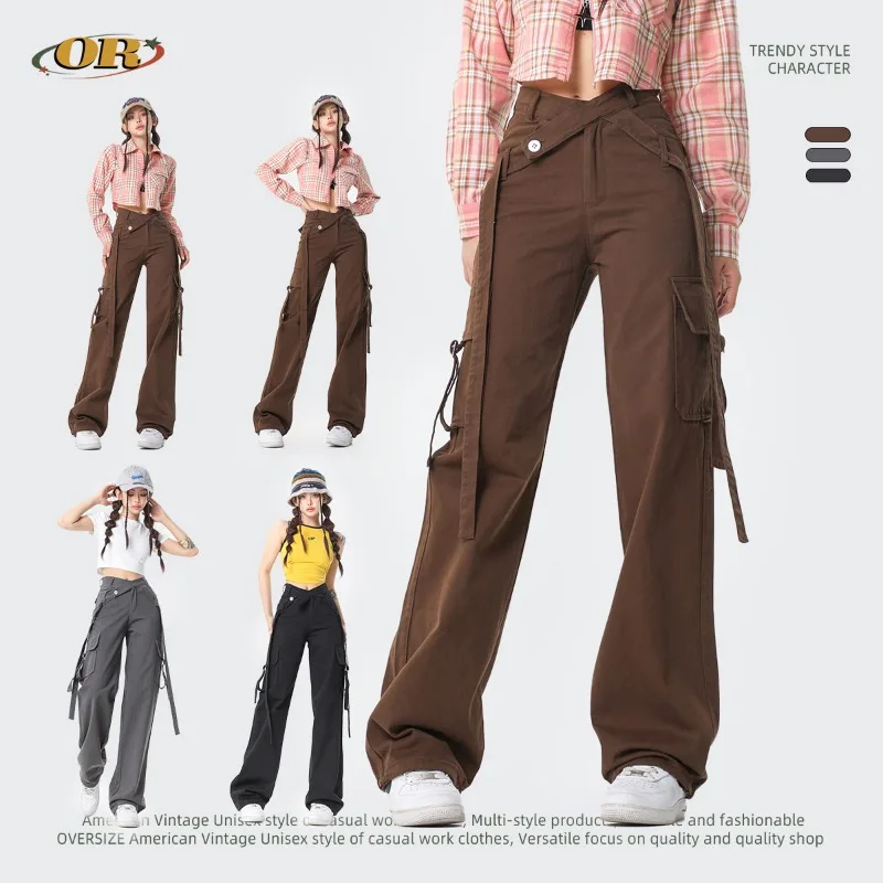 

OR FL Trendy Brand Personality 100 Cotton Women Cargo Trousers Ribbon Decoration Cross Waist Seal Japanese style Staraight Pants