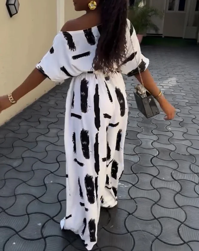 Jumpsuit Woman Print Off Shoulder Jumpsuit Lace Up Casual One-Piece Outfit Summer New Fashion Women High Waist Long Jumpsuits