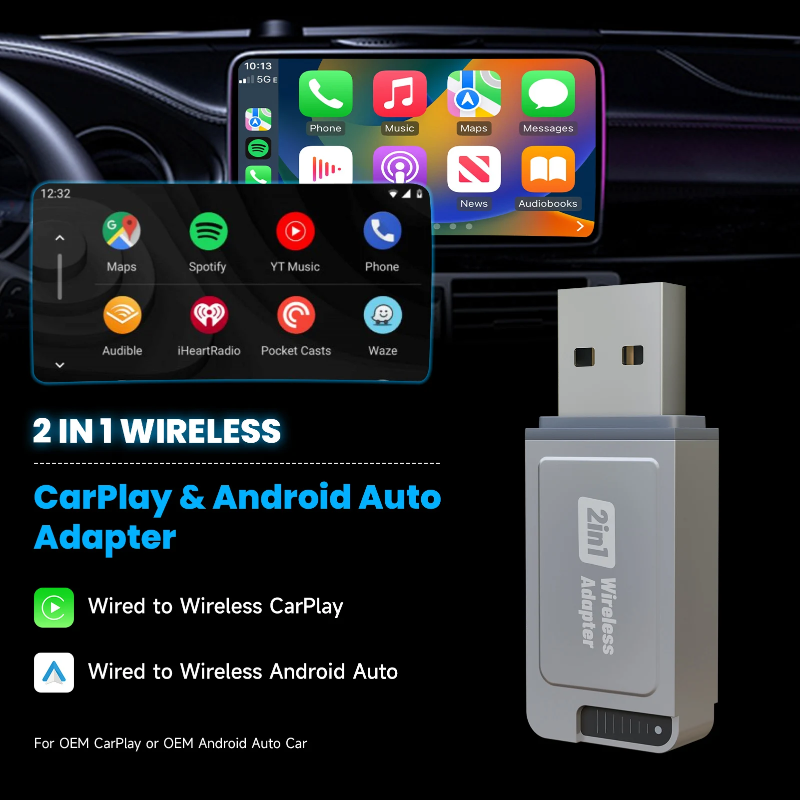 2025 Upgrade- Wireless CarPlay Adapter Plug & Plug Auto Connect No Delay Converts Wired to Wireless Compatible iPhone &Android