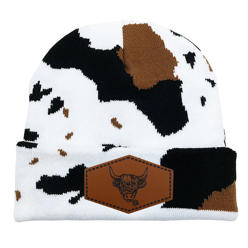 Ox Head Picking Flower Leather Label Beanies Milk Cow Pattern Hip Hop Knitted Hat Fashion Autumn Winter Warm Versatile Caps