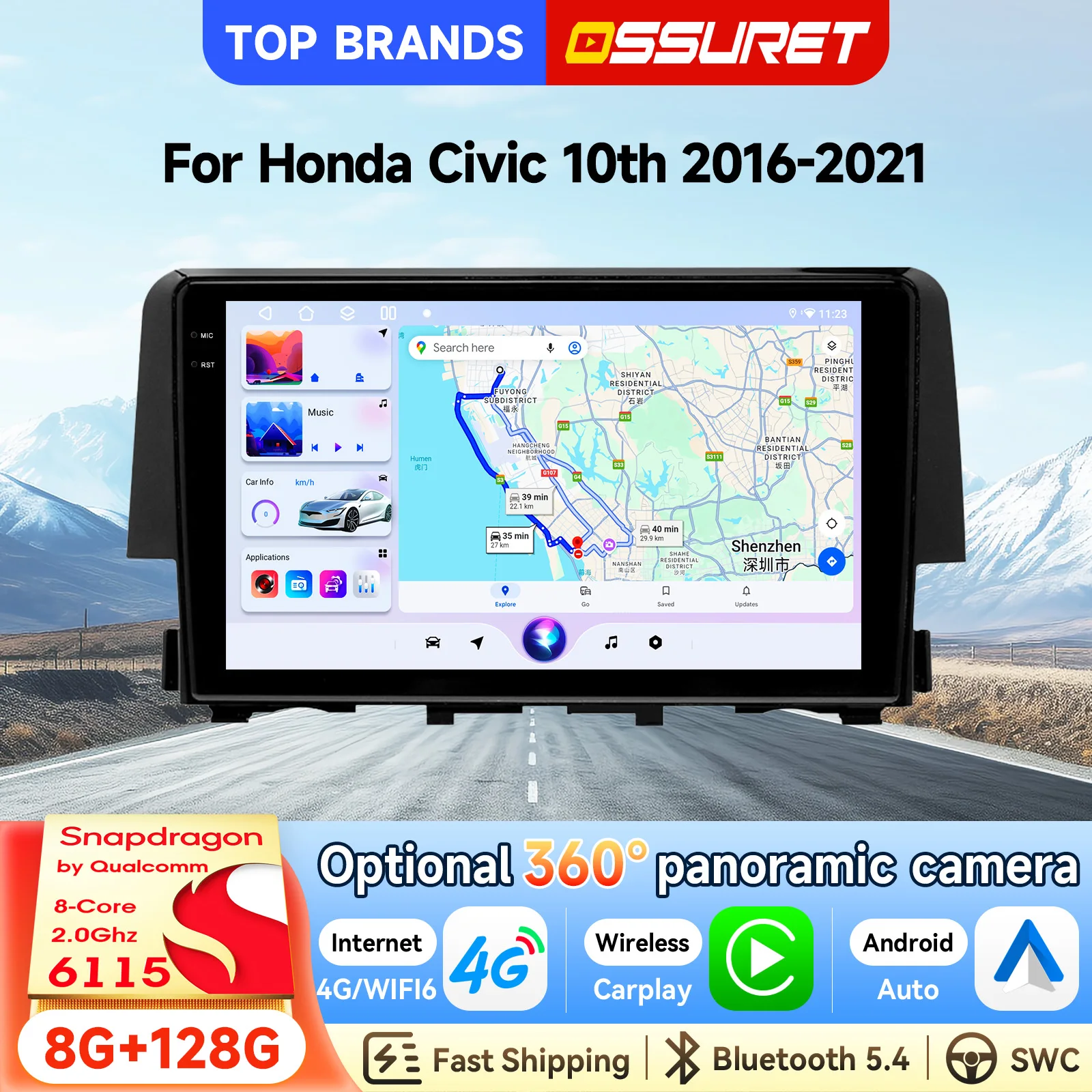 OSSURET Spedizione Rapida Autoradio Android 15 da 9 Pollici 2 Din per Honda Civic 10a Generazione 2016-2021, Navigazione GPS, Unità Intelligente, CarPlay Wireless, Android Auto, AI, SWC, DSP Audio, 4G