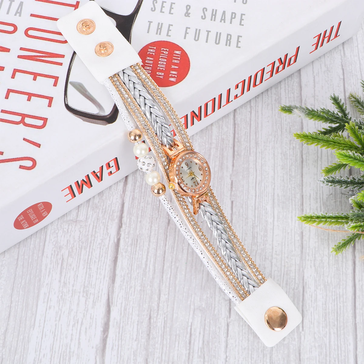 

Studded Pearl Quartz Weave Bracelet Watch Watch Elegant Bracelet Durable Gift For Birthday Valentine Party White