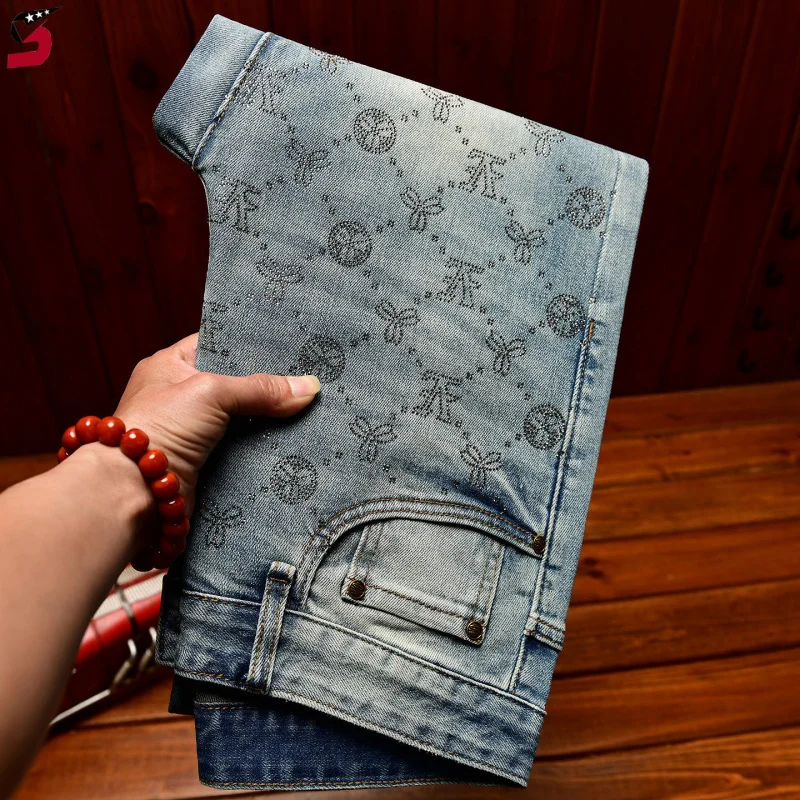 

Высококачественные модные джинсы со стразами для мужчин, прямые, облегающие, в корейском стиле, эластичные, ретро, синие, весенне-летние брюки