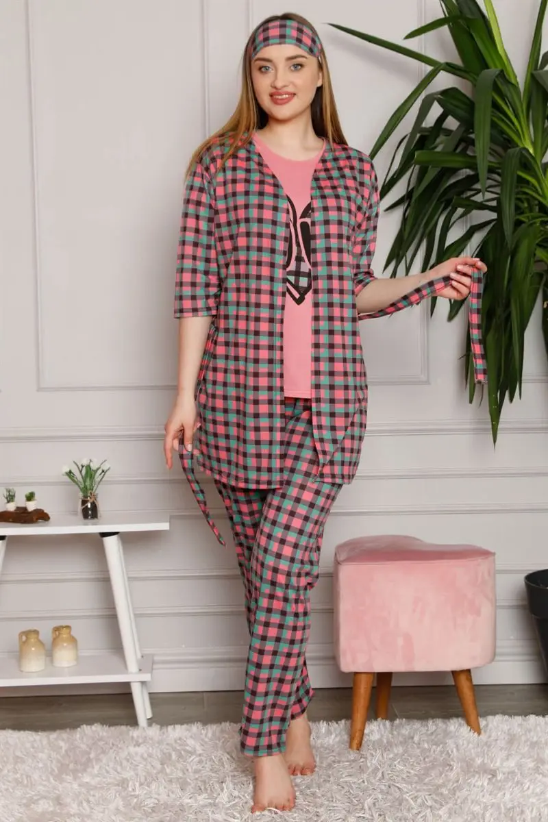 Moda line mujer 100 algodón 3 piezas bata pijama traje