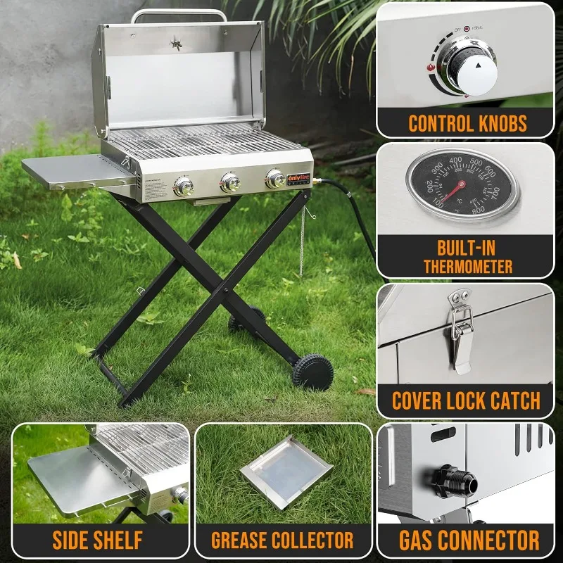 BBQ Gas Grill 3-Burner with Foldable Cart & Side Table, Portable Propane Grill with Lid for Outdoor Patio Backyard Barbecue