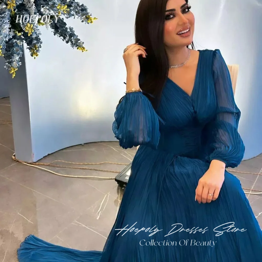 Hoepoly Chiffon A-line V-neck Ruffle Arab Prom Gown Floor-length Saudi Elegant Formal Evening Party Dress for Women 2023