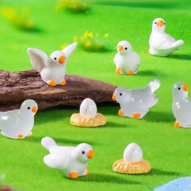 Pack of 8 Miniature Glow in the Dark Pigeons Figurine Resin Craft White Bird Ornaments for Home Decors and Garden Landsc