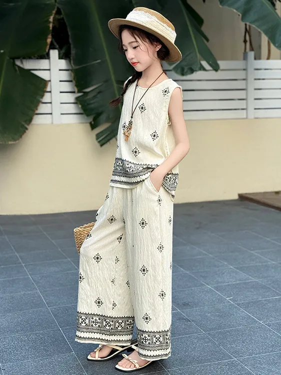 女の子の夏ファッショナブルなツーピースセットエスニックデザイン多用途スリム韓国スレ子供服ロングスベスタンドカラー