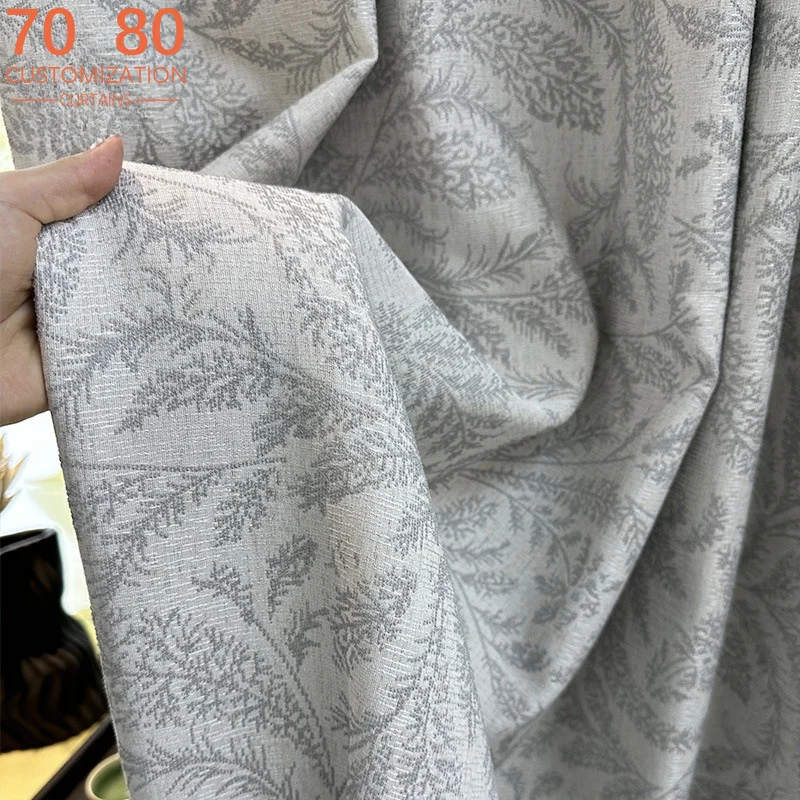 New Blue Gray Jacquard Thickened Chenille Blackout Curtains for Living Room Bedroom French Window Customized Balcony