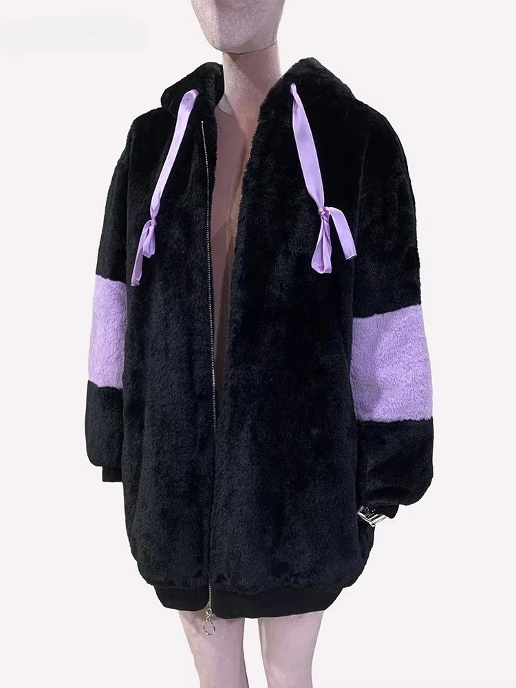 Soft Cute Sweet Y2k Hooded Faux Fur Coat Women Winter Warm Thicken Fur Jacket Rabbit Ears Outerwear Loose Streetwear Harajuku