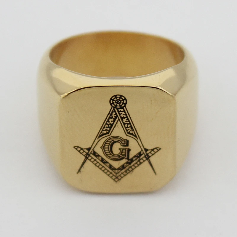 Heavy Men\'s Freemason Gold Color High Polished Signet Solid 316L Stainless Steel Masonic Ring