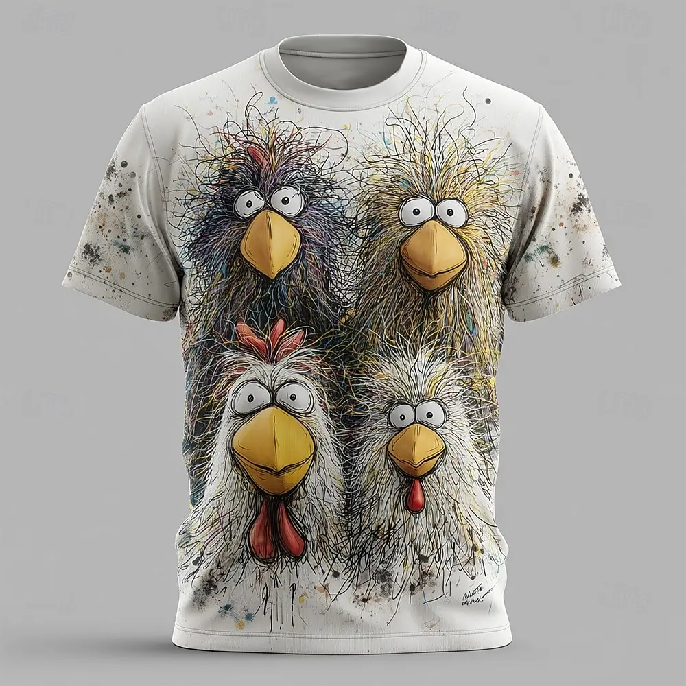 2026 New Casual Men's Short-Sleeve T-Shirt, Cartoon Humorous Chick Print Crew Neck T-Shirt, Holiday Party and Everyday Top
