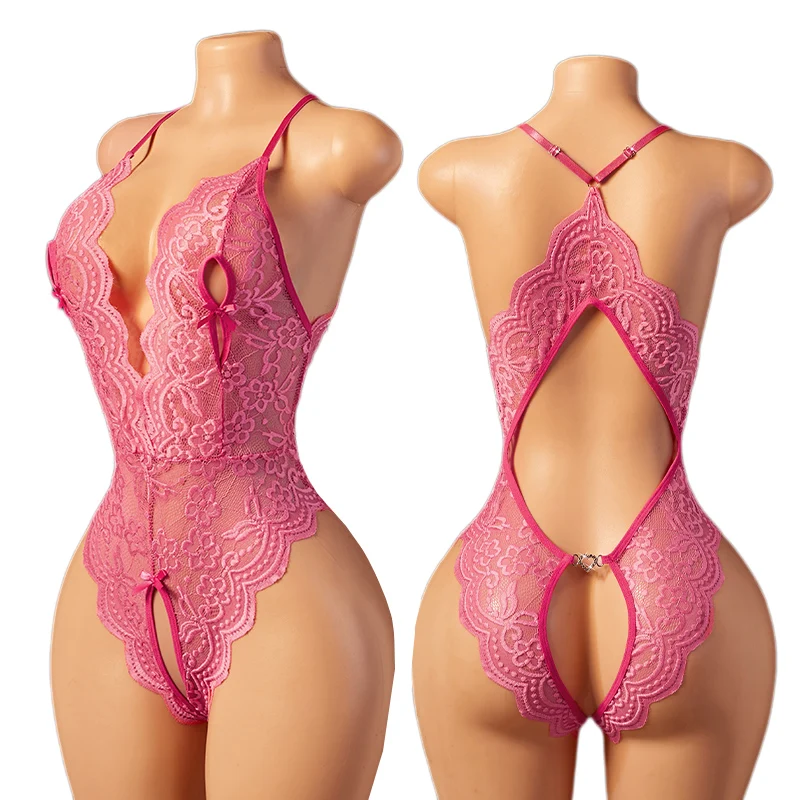 Erotic Pink Pajamas Teddy Doll Sexy Crotchless Lingerie Women Lace Bodysuit Deep V Open Bra Underwear Set Valentine's Day Gift