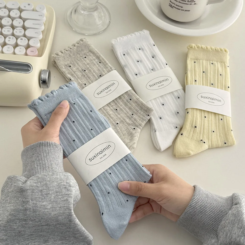 7 paires de chaussettes Coquette mi-mollet pour femmes, ensemble de chaussettes hautes amples à pois, à la mode, en coton, avec une volants, de haute qualité, automne