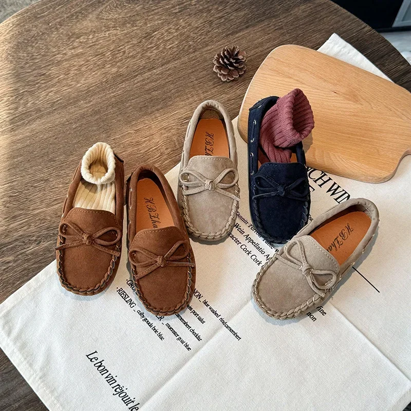 Children Casual Flats 2025 New Fabric Moccasin with Simple Bow Girls Minimalist Style Princess Shoes Anti Slip Wear-resistant