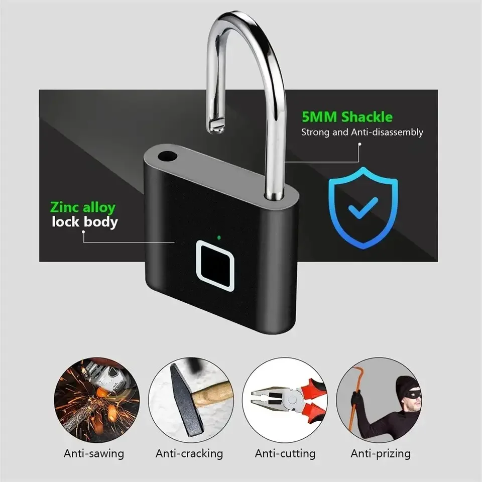 HEE RAK Keyless USB Charging Fingerprint Lock Smart Padlock Waterproof Door Lock 0.2sec Unlock Portable Anti-theft Padlock Zinc