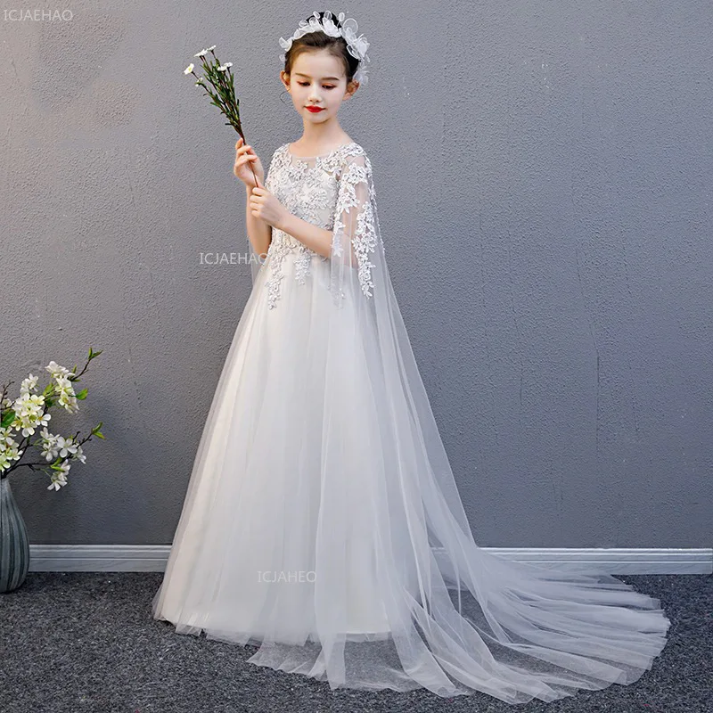 Kids Girls Chinese Style Guzheng Performance Dress White Princess Gown with Long Train Solo Recital Pageant Formal Celebration