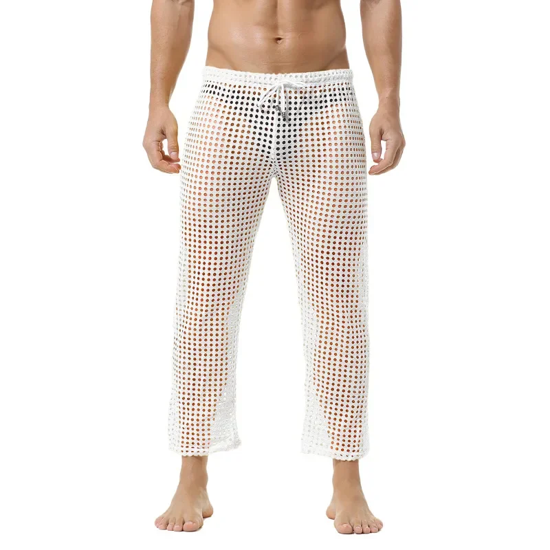 Men\'s Sexy Mesh Fishnet Jogging Pants Sport Loose Breathable Casual Long Pants Male Hollow Out Lounge Sleep Bottoms Men Clothing