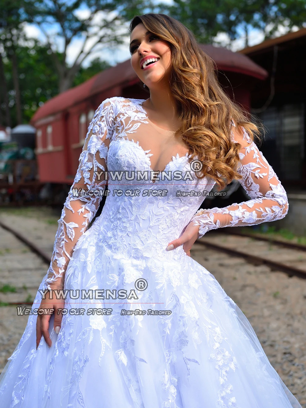 Robe de mariée blanche ligne A, en Tulle, à manches longues, col rond, avec des Appliques, sur mesure, pour fête formelle, mariage pour femmes, 2023