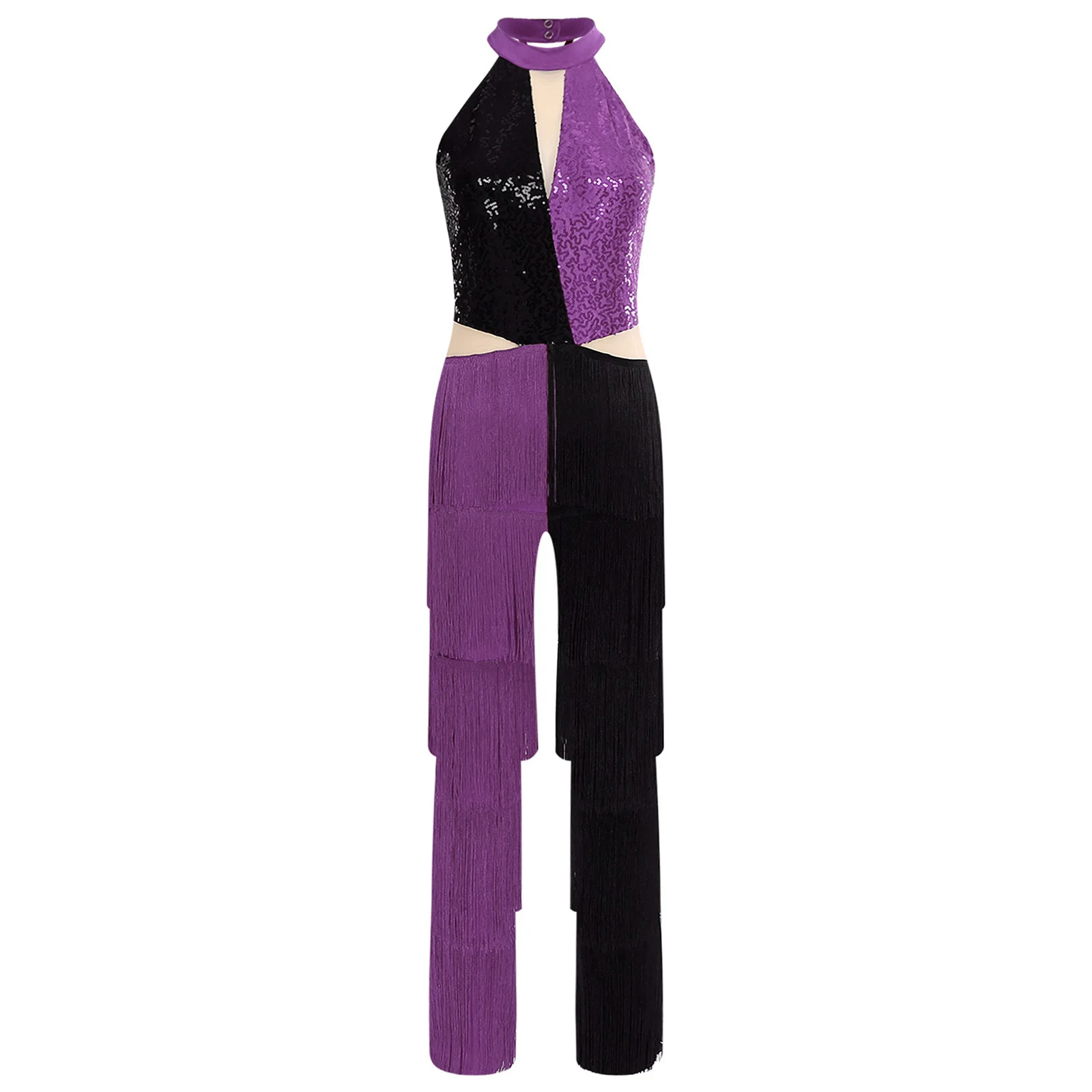 Frauen Hippie 70er Jahre Disco Kostüm Glänzende Pailletten Quaste Fransen Hosen Retro Party Einteiliger Overall Prom Clubwear Latin Dancewear