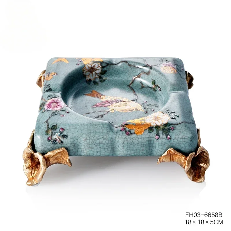 high-temperature porcelain square copper base painted flower-and-bird ashtray home living room decorative cigarette