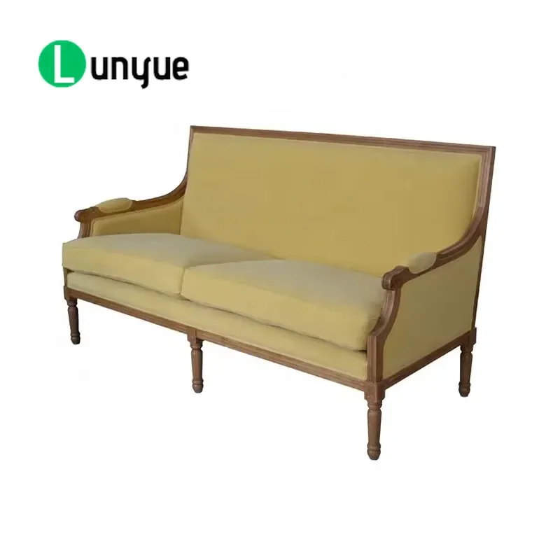 French Oak Frame Velvet Double Lounge Chair Farmhouse Style Curved Sofa Antique Durable Removable Cushion For Living Room