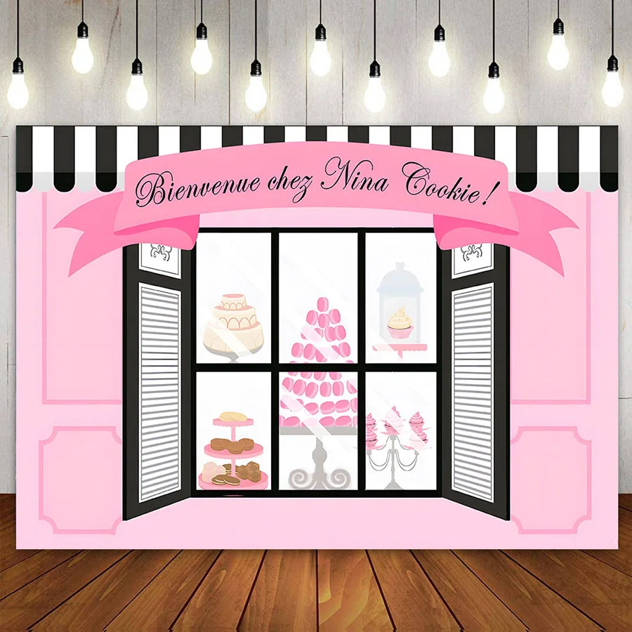 

Pastry Shop Backdrop French Paris Cafe Bakery Patisserie Candy for Girls 1st First Birthday Party Decor Banner Pink Background