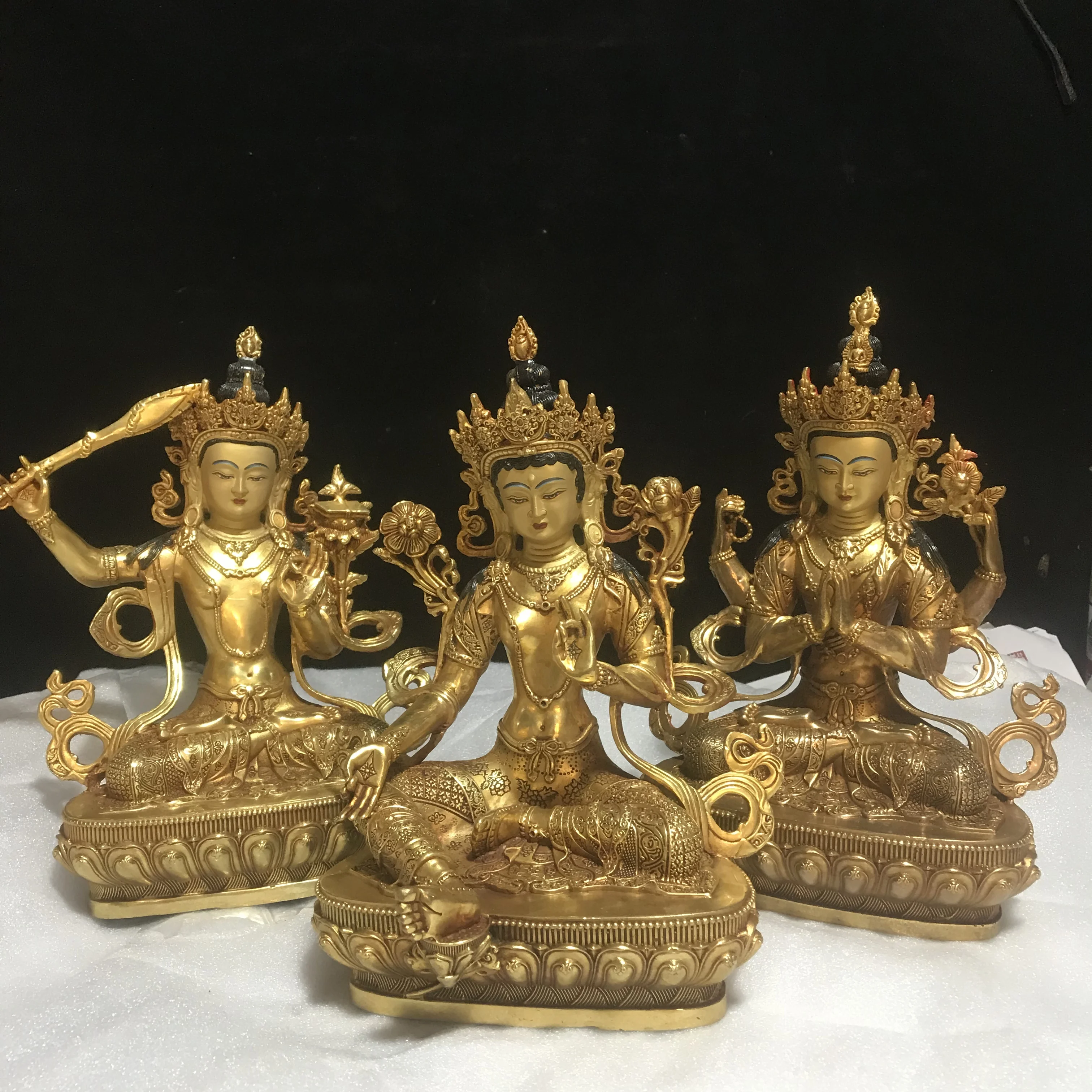 

10 inch Tibetan craft Tibetan Tantric pure copper gilt Manjushri Bodhisattva Green Tara Guanyin four-armed Buddha ornament