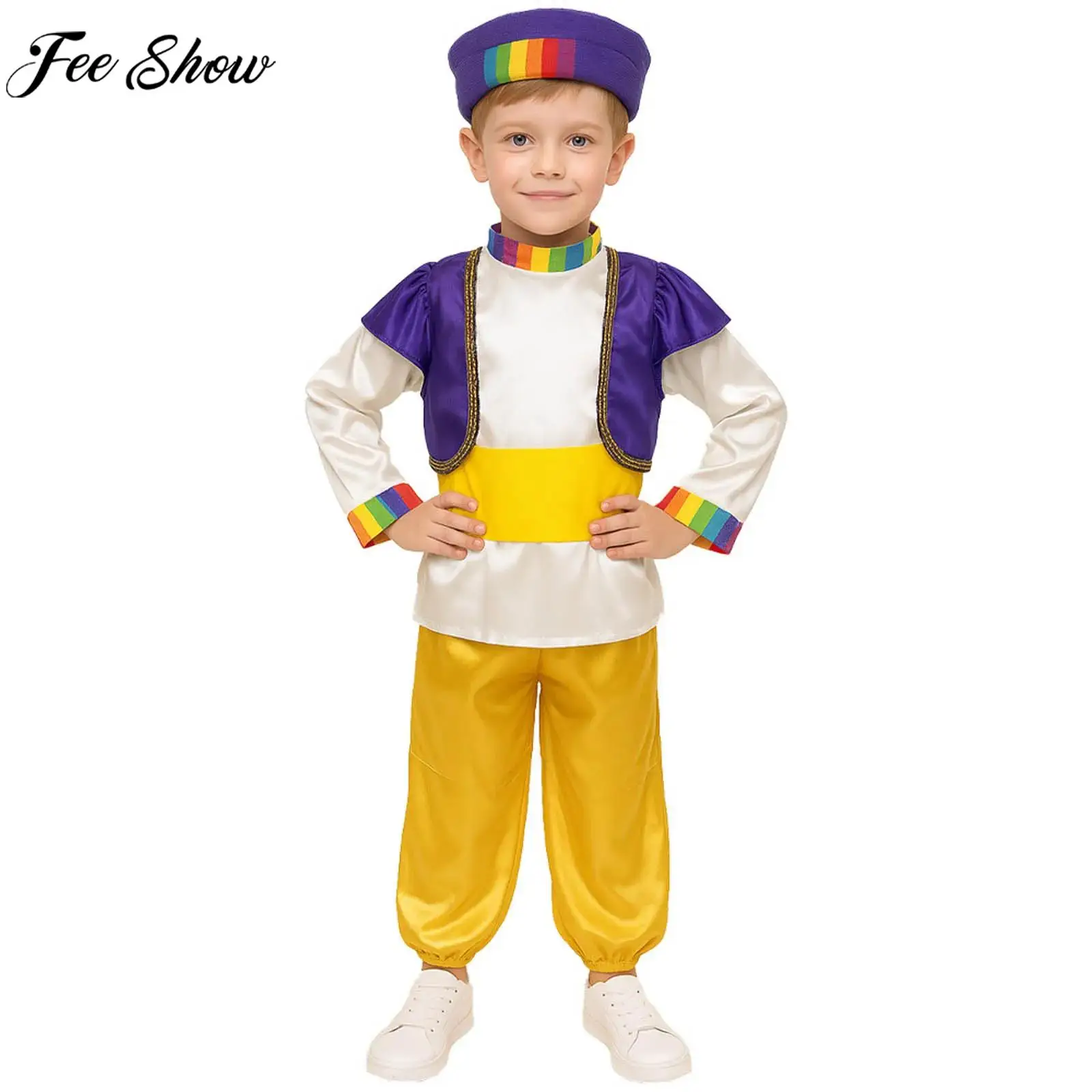 

Kids Boys Halloween Carnival Arabian Prince Cosplay Costume Tops with Vest Pants Hat Belt Set Arab Fairy Tale Dress Up Clothes
