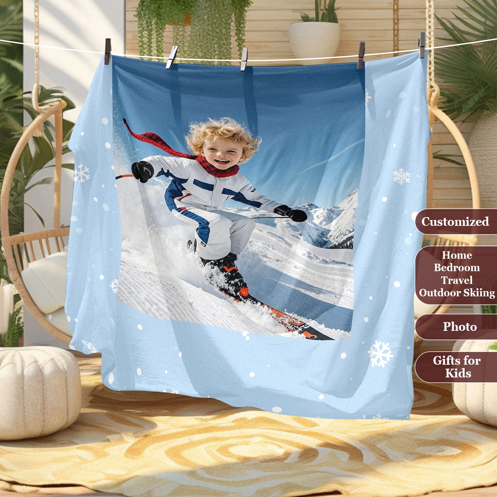 

Kid Skiing Happy Happy Photo Customized Memorial Blanket Creative Birthday Gift For Son Bedroom Sofa Bedroom Skiing Available