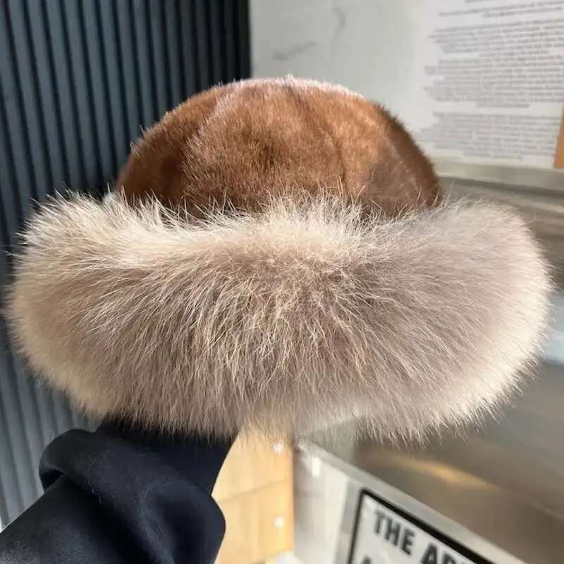 Real Mink Fur Hat For Women Winter Natural Mink Fur Hat With Fox Fur Brim Female Fashion Fisherman Hat Thicked Fur Bomber Hat view 6