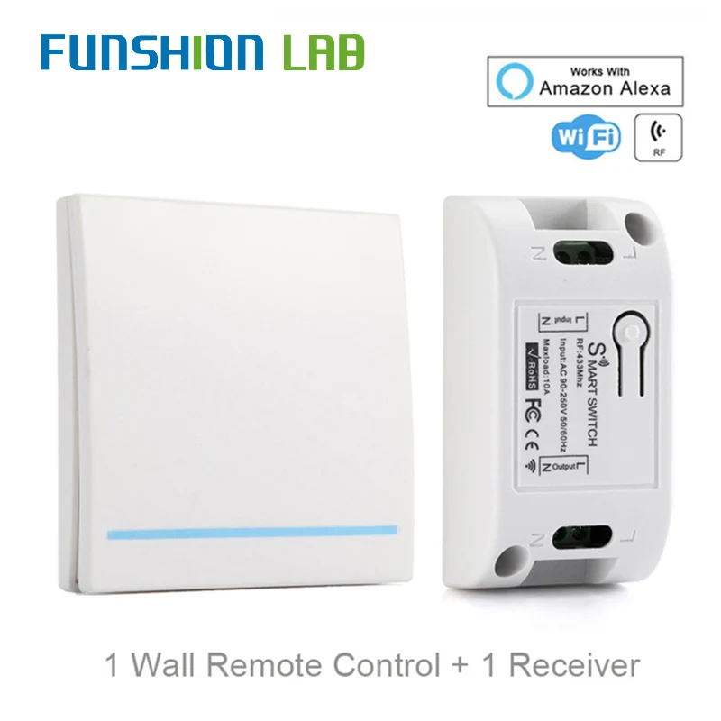 FUNSHION RF Wifi Switch RF433MHz 10A/2200W Wireless Switch 86 Type ON/Off Switch Panel 433MHz RF WiFi Remote Control Transmitter