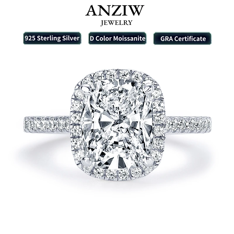 Anziw Original 4.0 Carat Cushion Cut Moissanite Wedding Ring 925 Sterling Sliver Promise Ring Bands for Women Engagement Jewelry