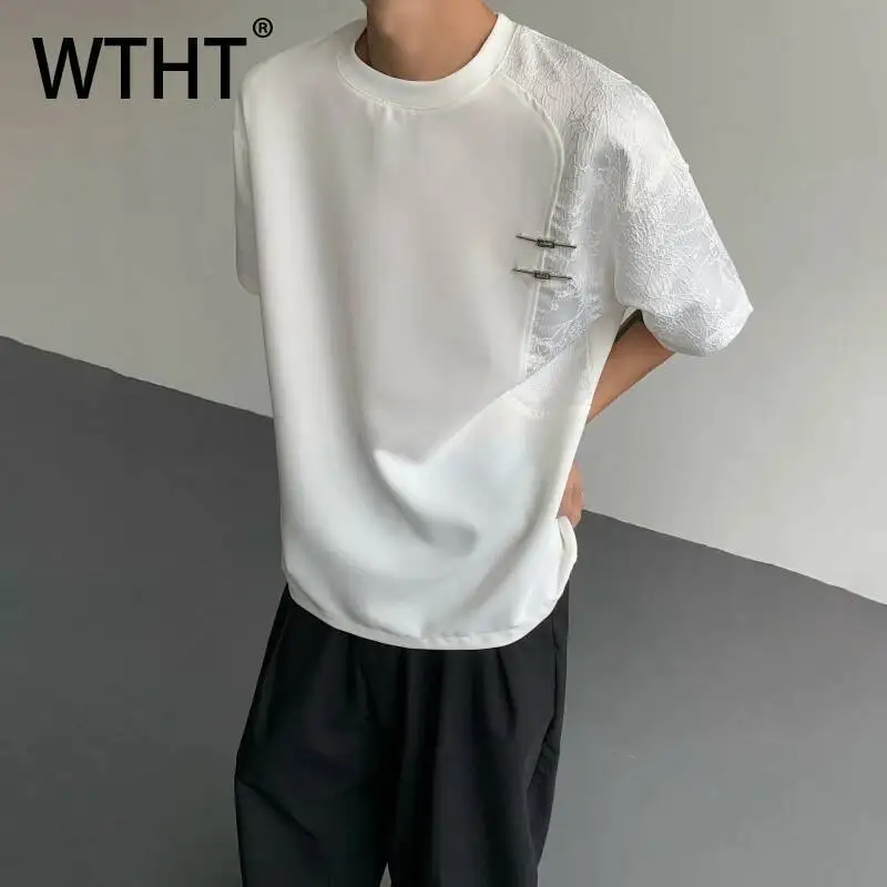 WTHT Trendy Men's Patchwork Metal Plate Buckle Casual T-shirts Fashion 2026 Summer Chinese Style Short Sleeves Tops Male 2A3031