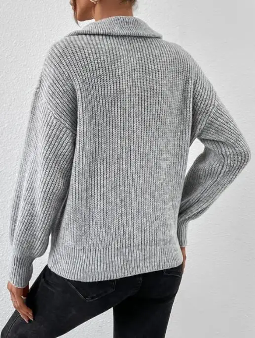 

2025 модный однотонный свободный повседневный свитер с длинными рукавами на молнии, осенний облегающий вязаный свитер с большим воротником и длинными рукавами