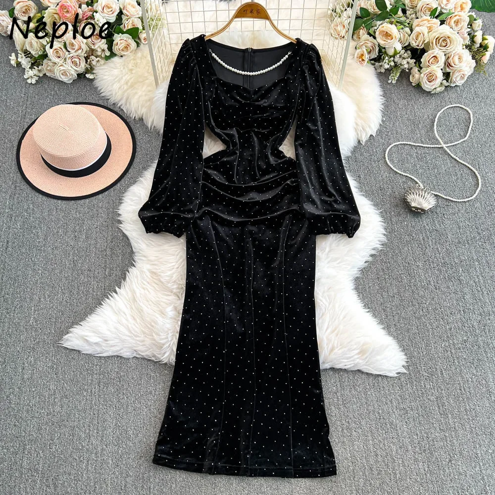 Neploe Office Lady Square Collar Rhinestone Ropa Femme Bodycon Mermaid Slim High Waist Robe Lantern Velvet Exquisite Korea Dress