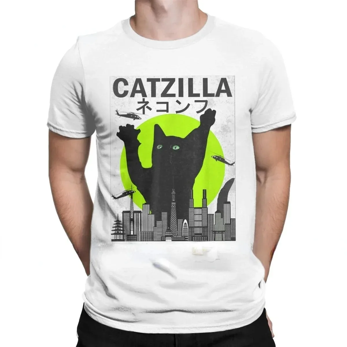 Fashion Vintage Catzilla Monsters Kitten T-Shirts Men Round Neck Cotton T Shirts Cat Short Sleeve Tees Oversized Clothing