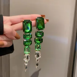 FYUAN Square Green Crystal Earrings Oversize Ladys Long Geometric Dangle Earrings for Women Fashion Jewelry Gifts